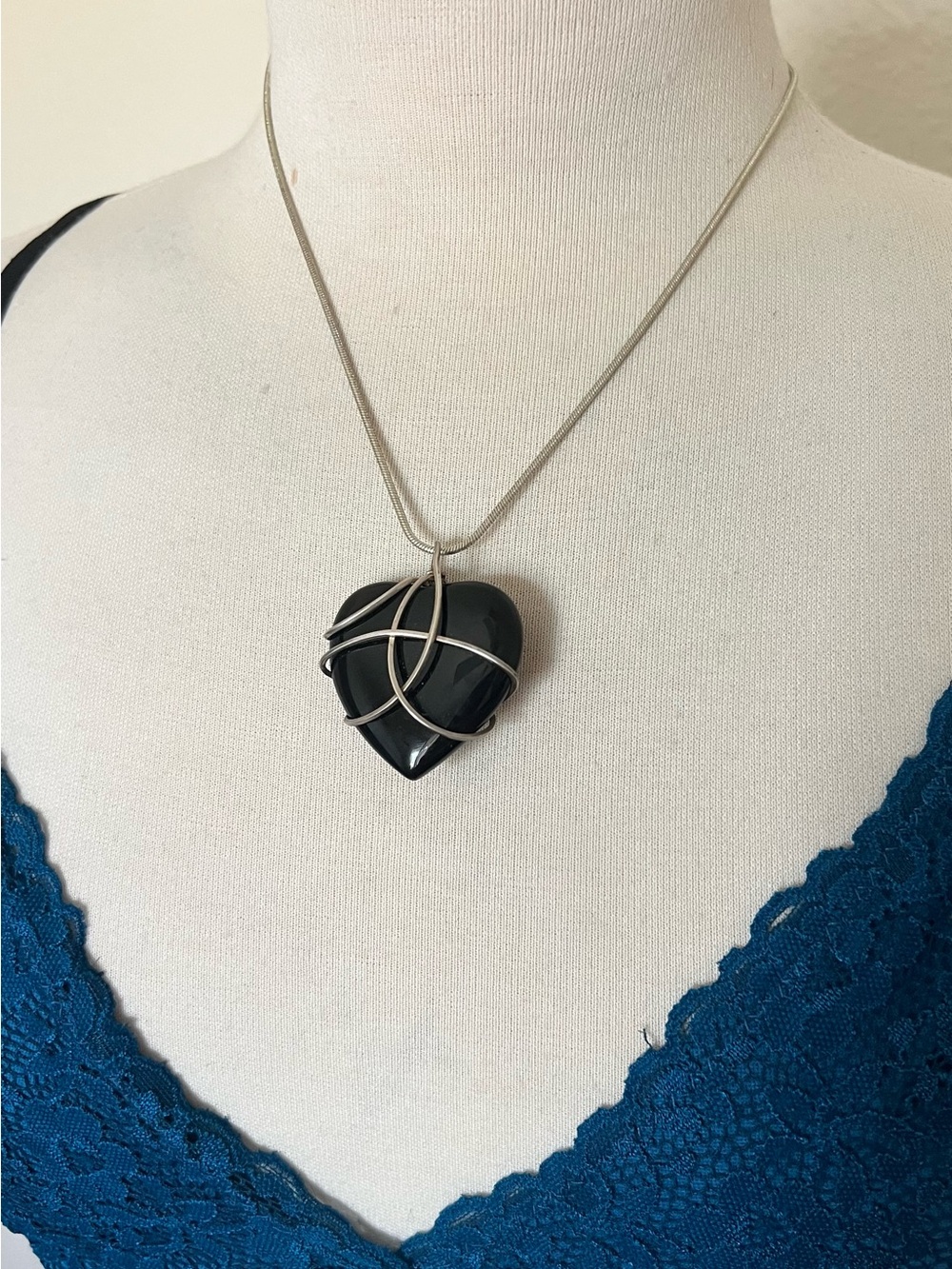 Black Heart Pendant Necklace with Silver Wire Wrap